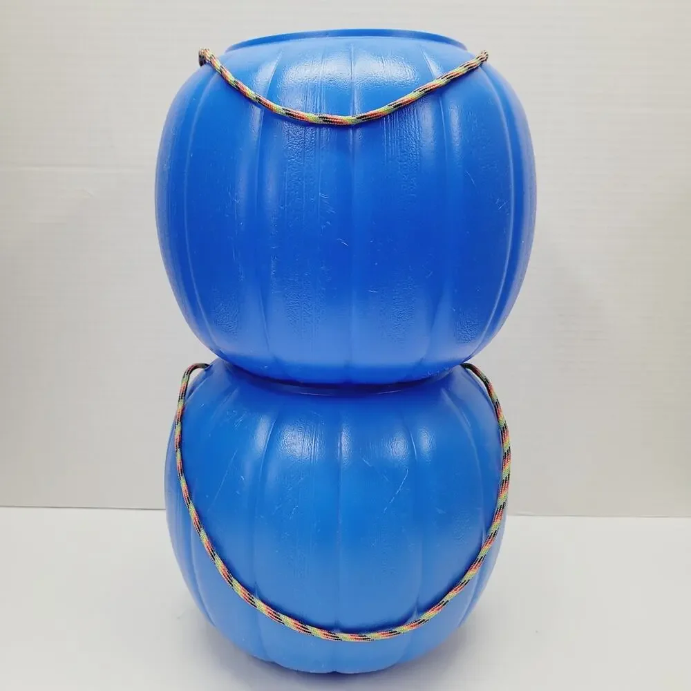 2 Halloween 8” BLUE Blow Mold Pumpkin Trick or Treat Pails W/Rope Handles
